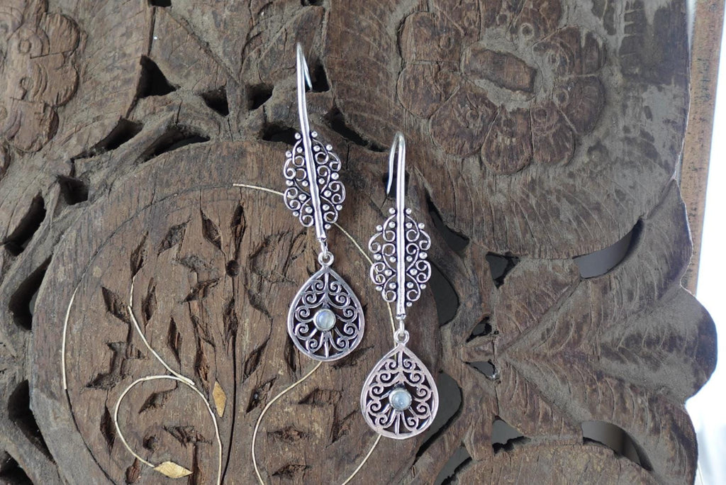 Temple Bloom Filigree Drops- Mandala-Inspired Brass Earrings with Spiral & Gem Detailing.