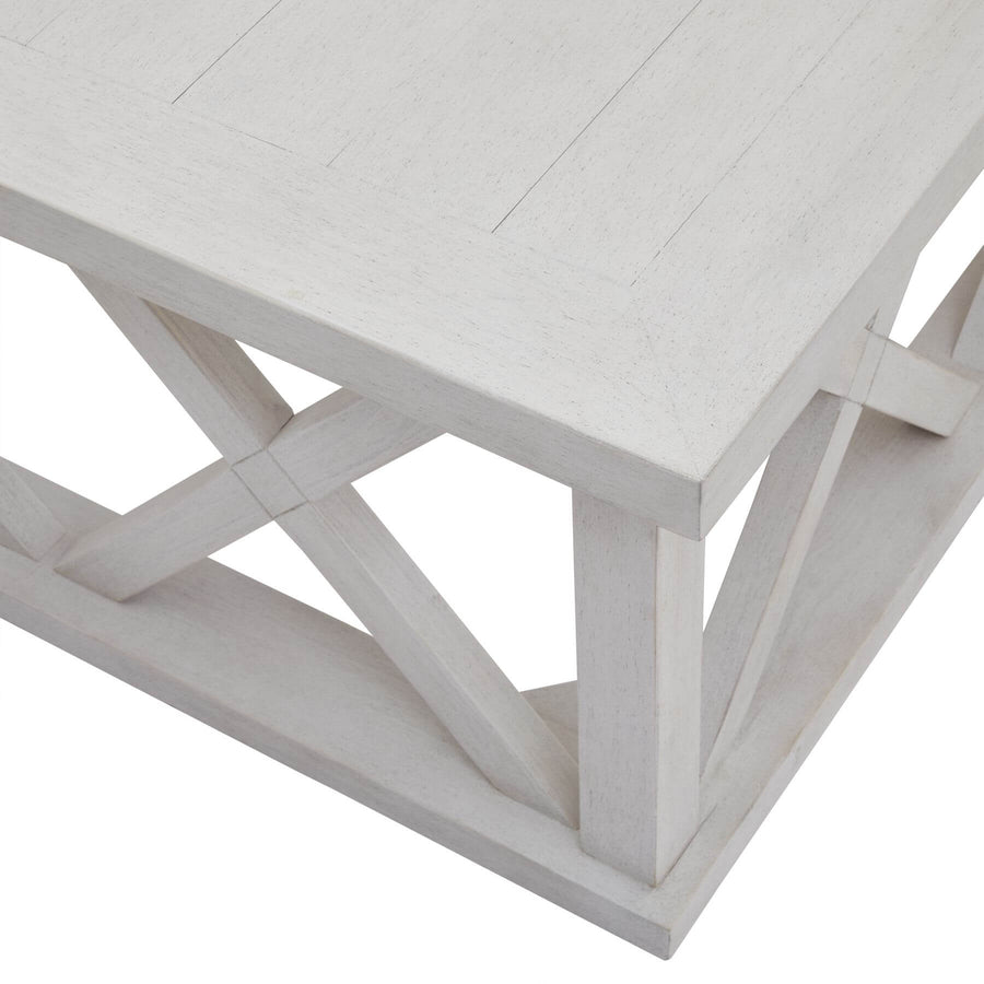 Handcrafted square coffee table with lattice design in distressed white pine, modern farmhouse style, 100cm wide. by Sostter at brixbailey.com