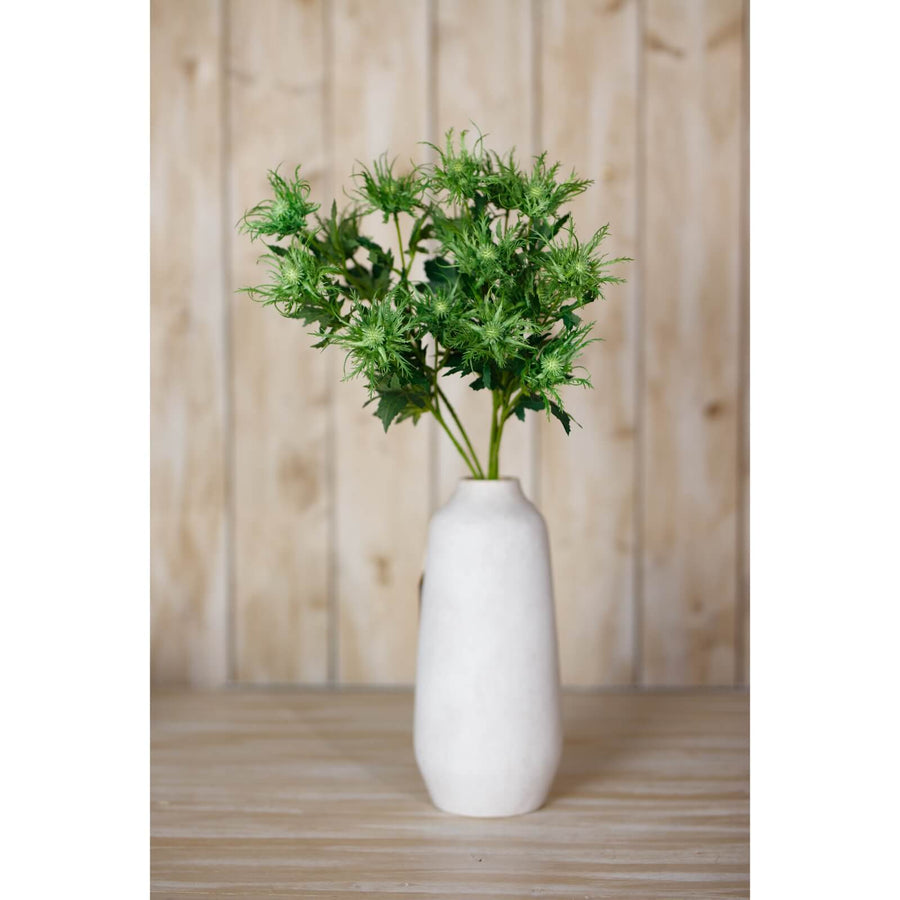 Lifelike sea holly spray with vibrant green plastic stems, hyper-realistic Eryngium blooms for coastal home decor by Sostter at brixbailey.com