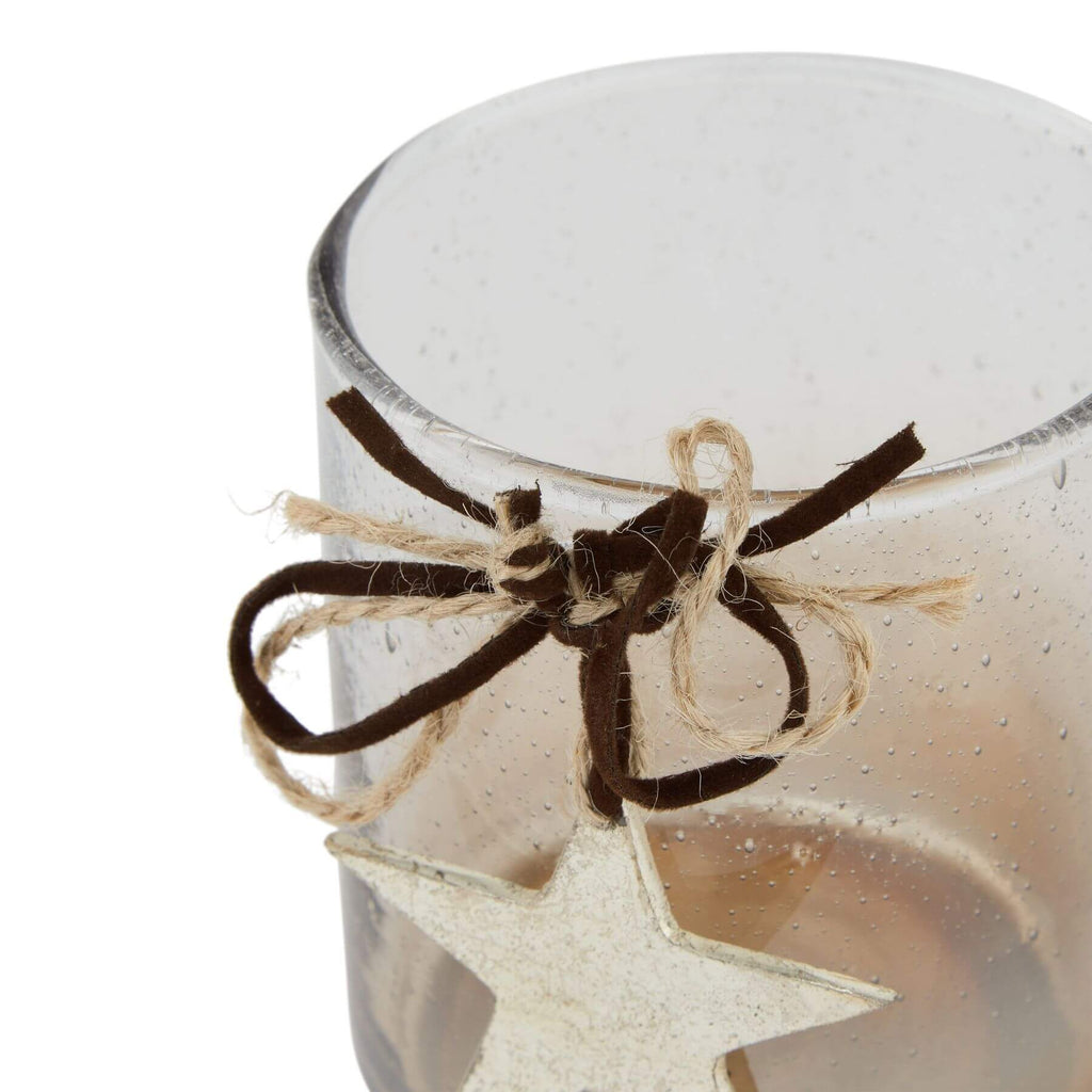 Handcrafted coffee ombrÃ© glass votive with white star detail and natural fiber bow, 9cm tall by RoomLondon at brixbailey.com
