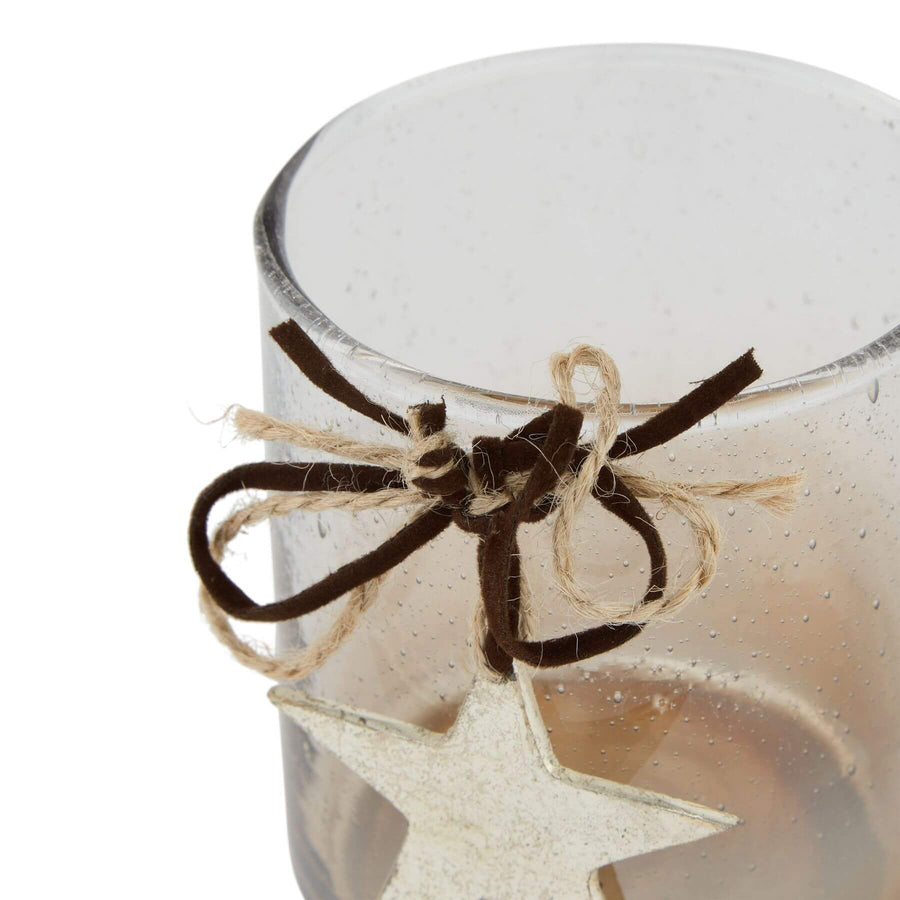 Handcrafted coffee ombré glass votive with white star detail and natural fiber bow, 9cm tall by Hill Interiors at brixbailey.com