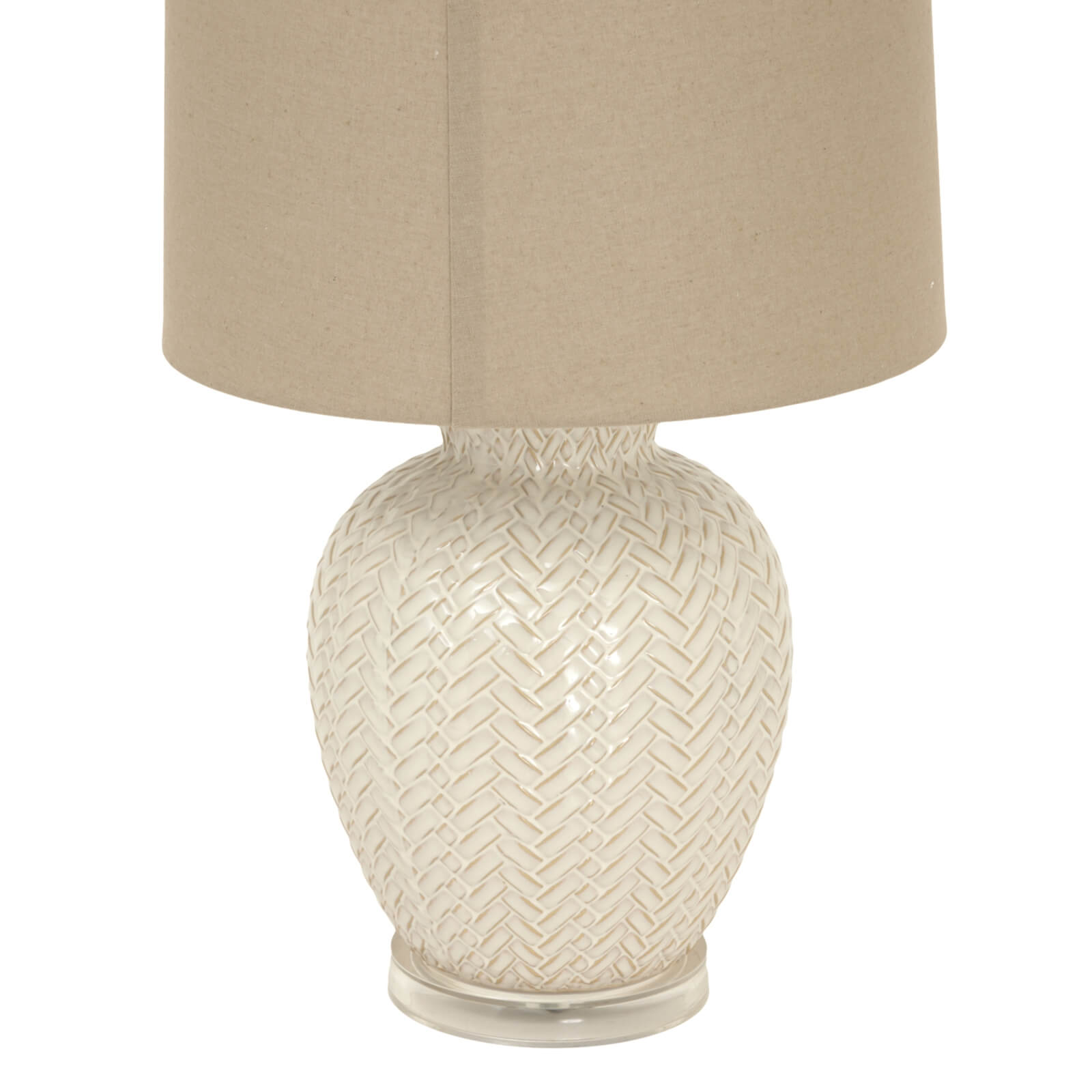 Handcrafted white ceramic table lamp with twill weave texture and linen shade for warm ambient lighting by Sostter at brixbailey.com