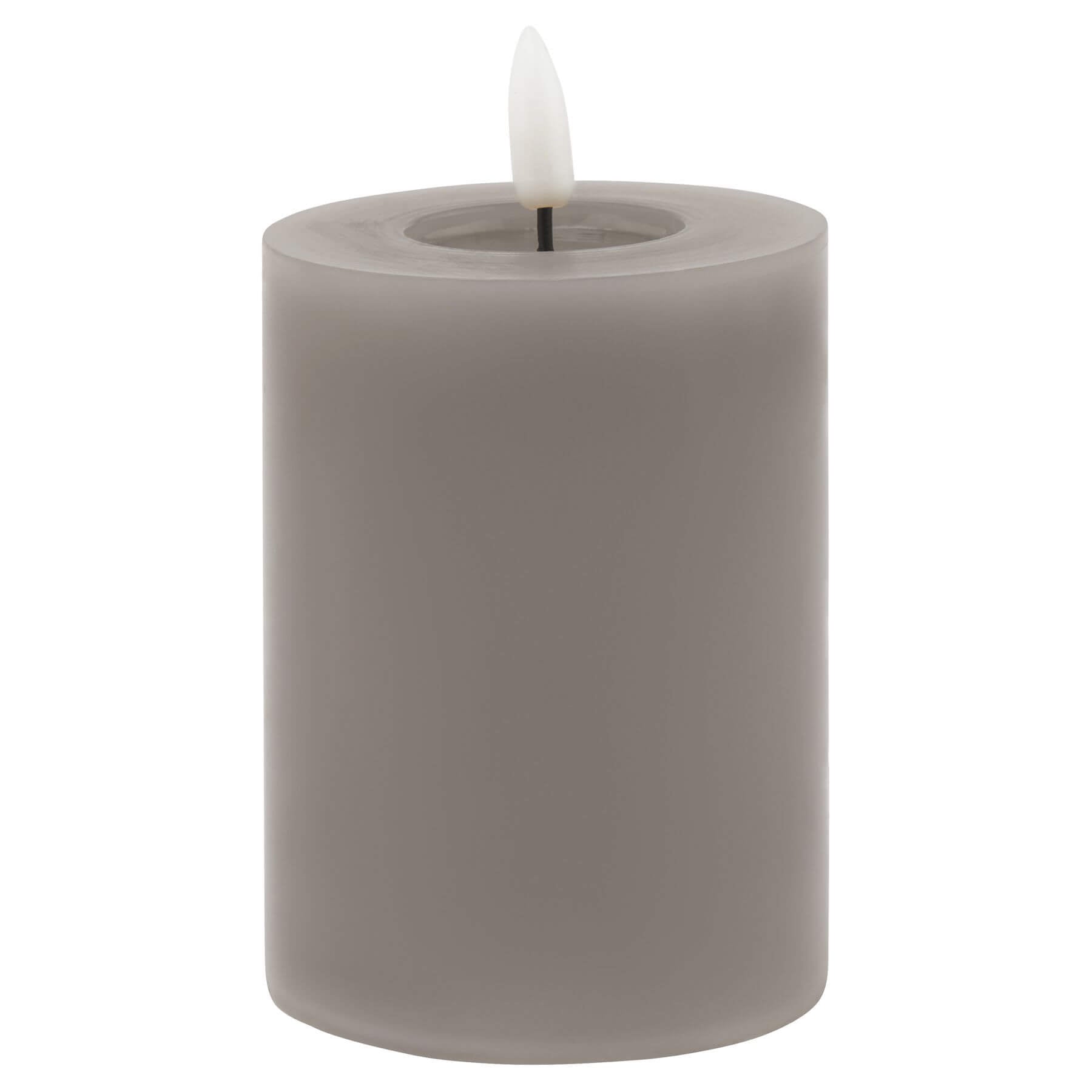 Grey LED wax candle with realistic flicker effect, battery-operated for flameless ambiance  by Sostter at brixbailey.com