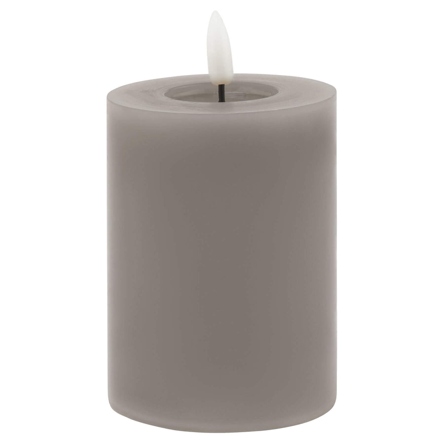 Grey LED wax candle with realistic flicker effect, battery-operated for flameless ambiance  by Sostter at brixbailey.com