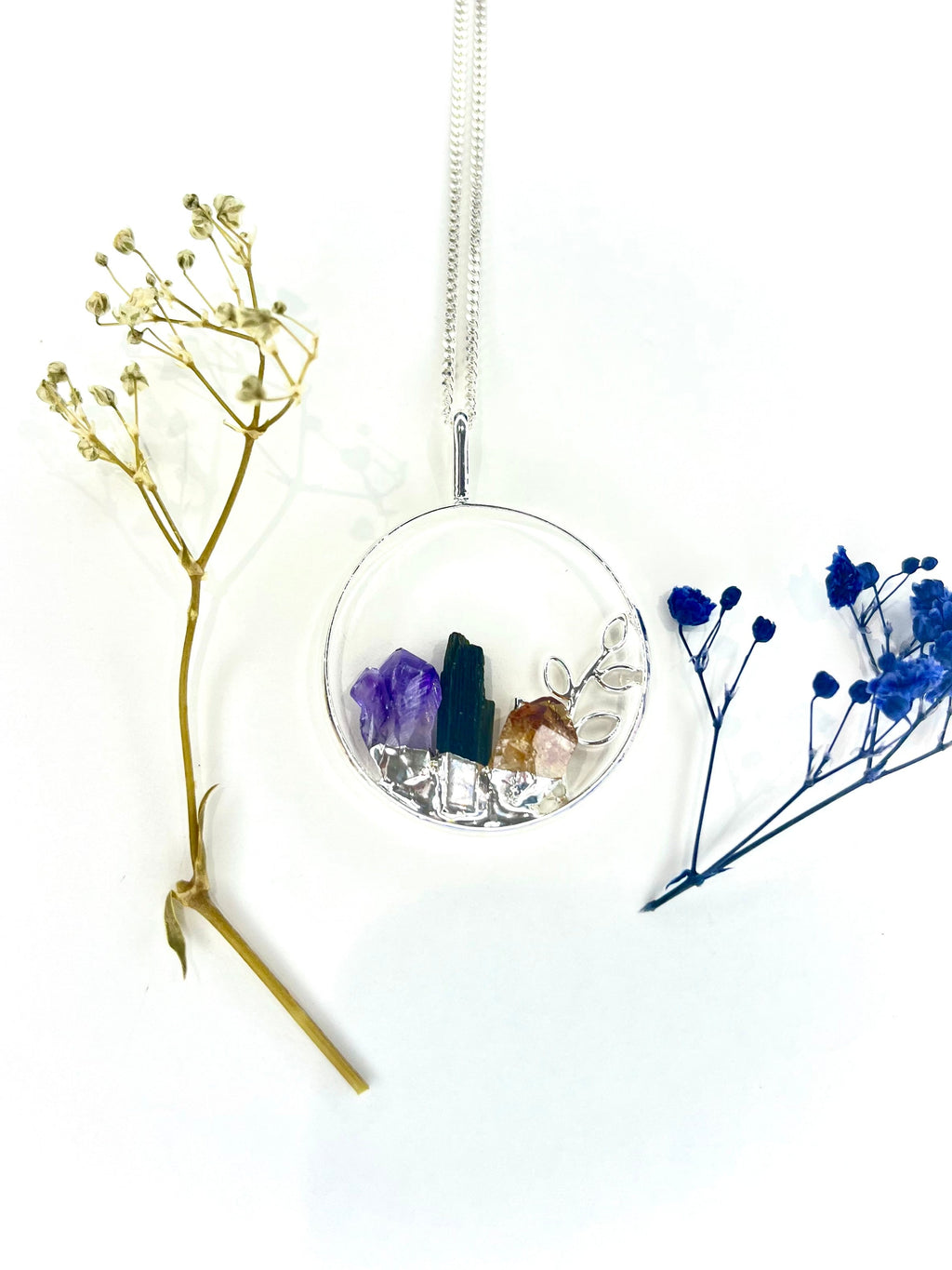 Crystal Garden Pendant Necklace with Amethyst, Black Tourmaline and Citrine