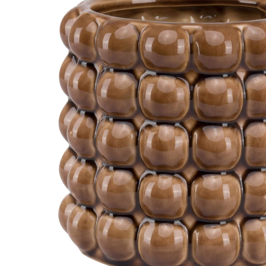 Handcrafted caramel-glazed ceramic planter with bubble texture, 15cm, for modern or traditional decor. by Sostter at brixbailey.com