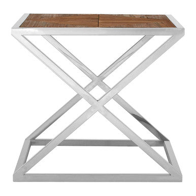 Chrome Cross Frame Side Table with Distressed Wood Top