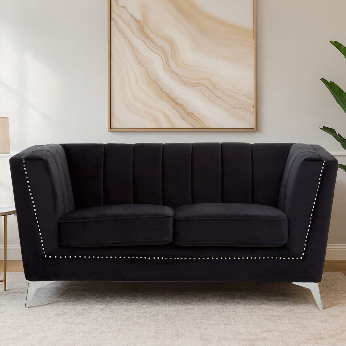2 Seater Black Velvet Sofa