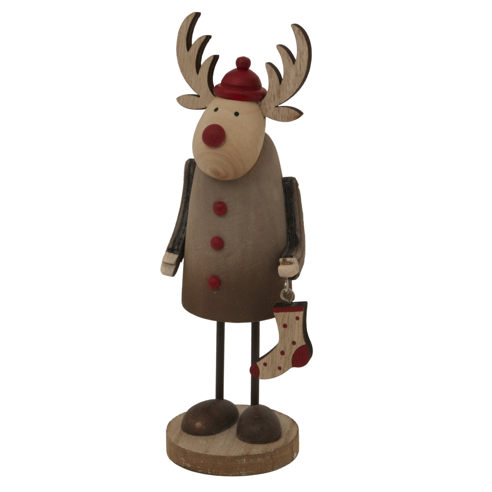 a rustic brown metal rudolf ornament with a tiny stocking, softly lit in a cozy corner