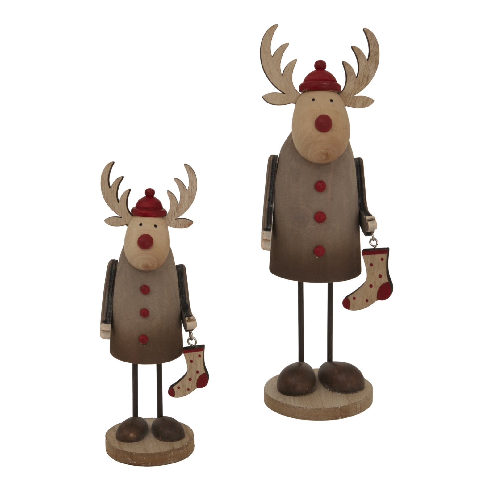a playful rustic metal rudolf ornament with a tiny stocking, caught in a warm, twinkling light
