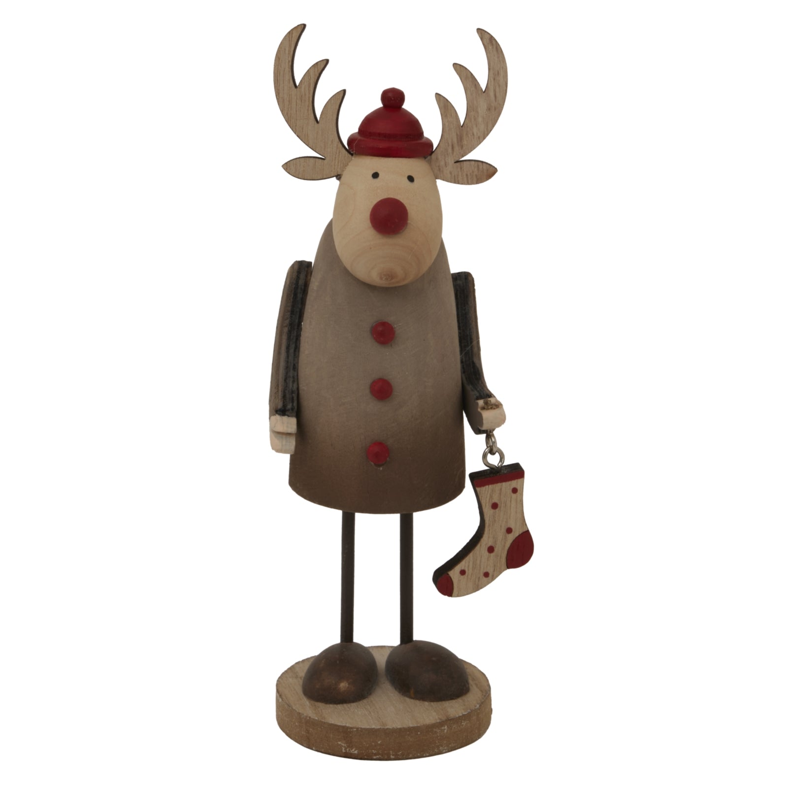 a bold rustic metal rudolf ornament with a tiny stocking in dramatic low-key lighting