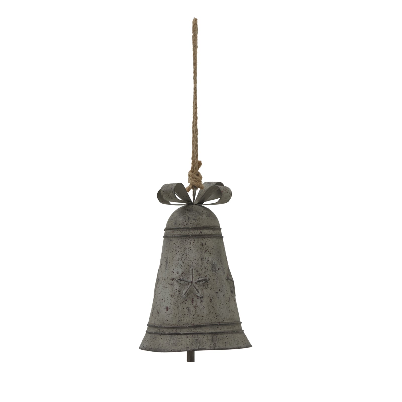 a bold close-up of a rustic white metal bell with a decorative bow, showcasing its weathered patina