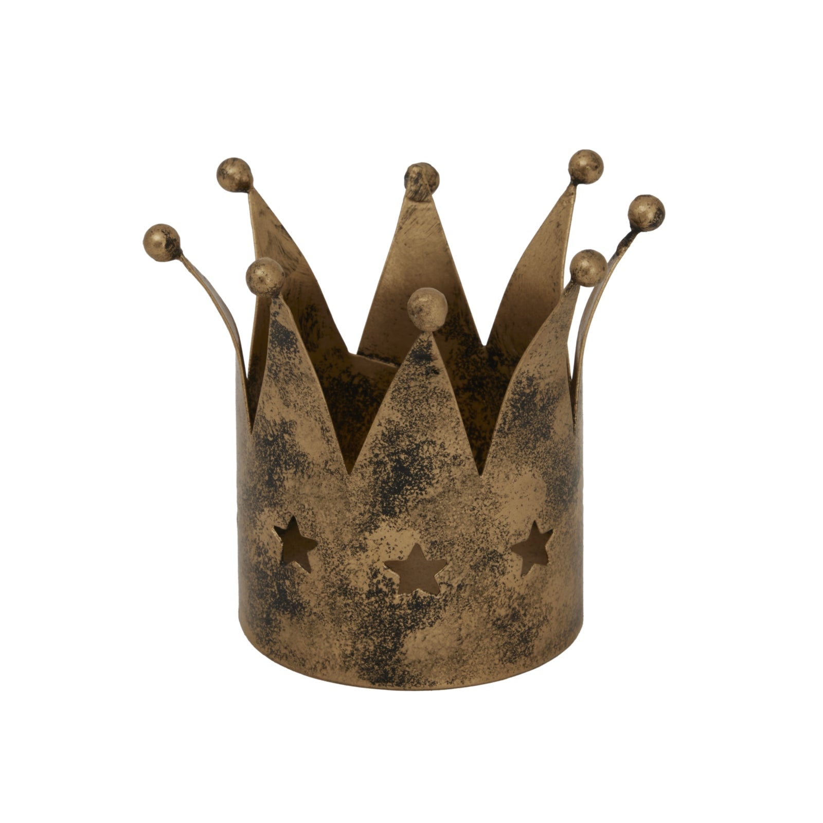 a bold, close-up shot of the antique gold crown tealight holder glowing against a dark background