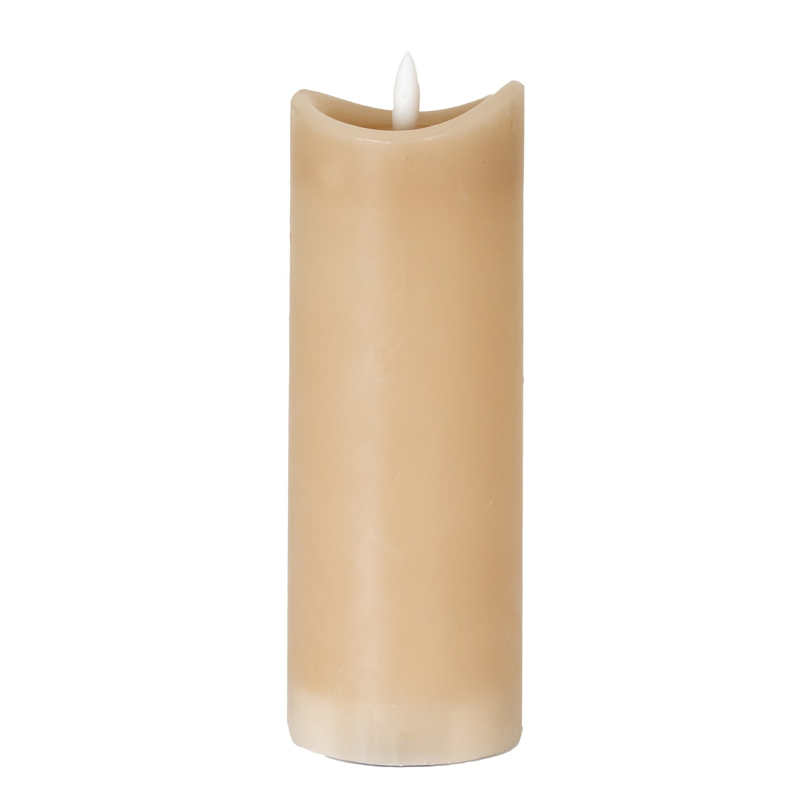 a bold close-up of the taupe melted led candle's textured wax effect