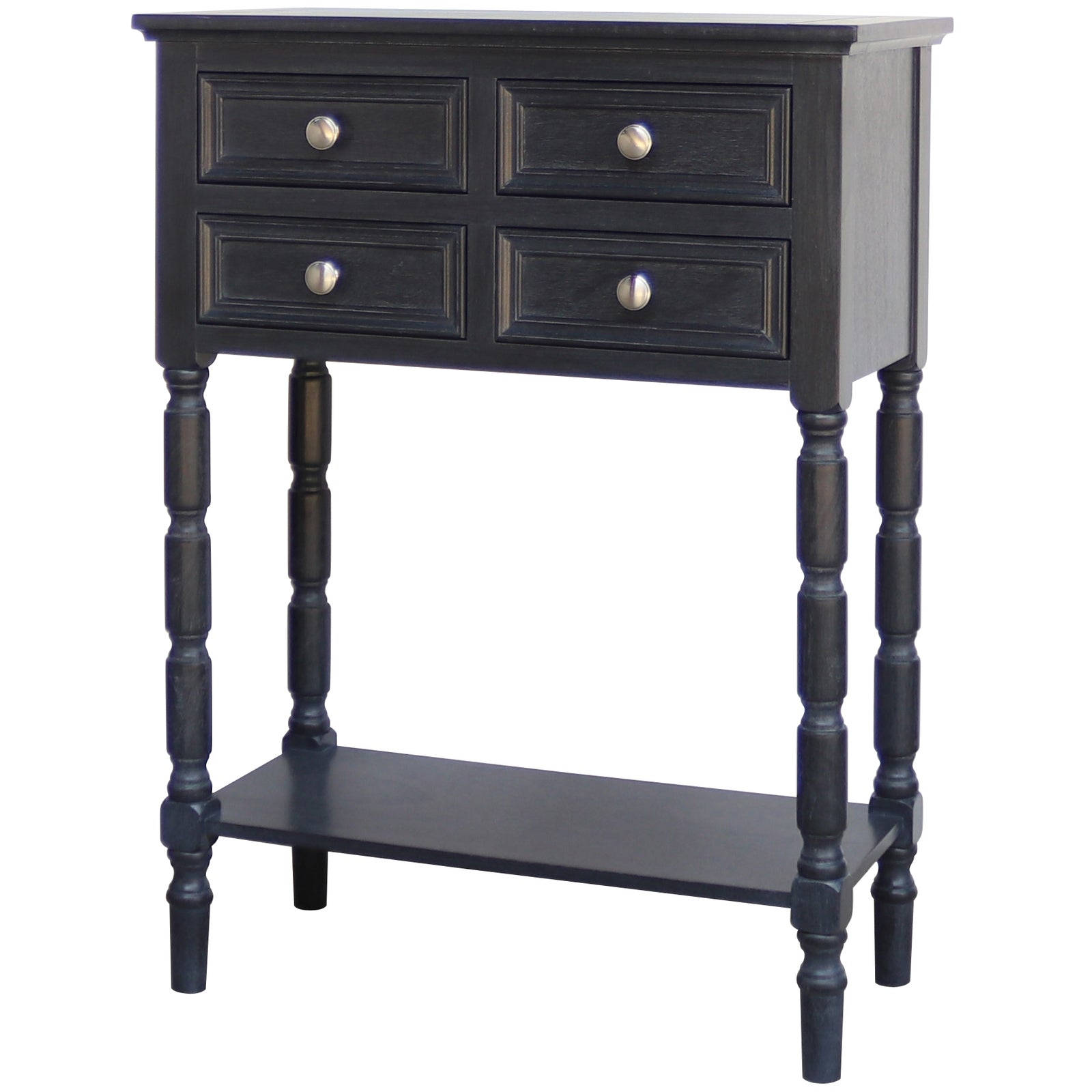 bold black wood side table with four drawers in dramatic studio lighting