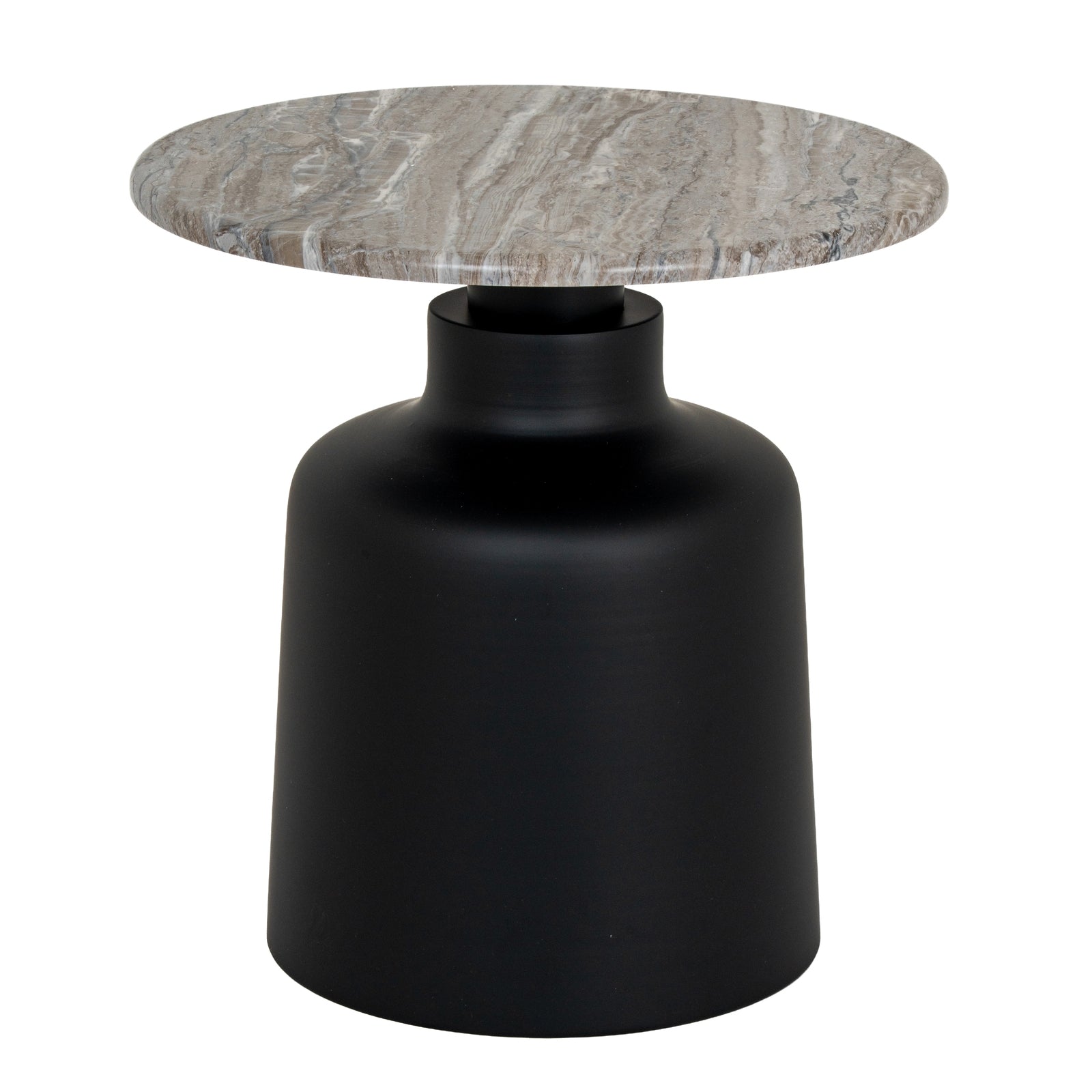 bold round black metal side table with sculpted tapered legs in dramatic low-light