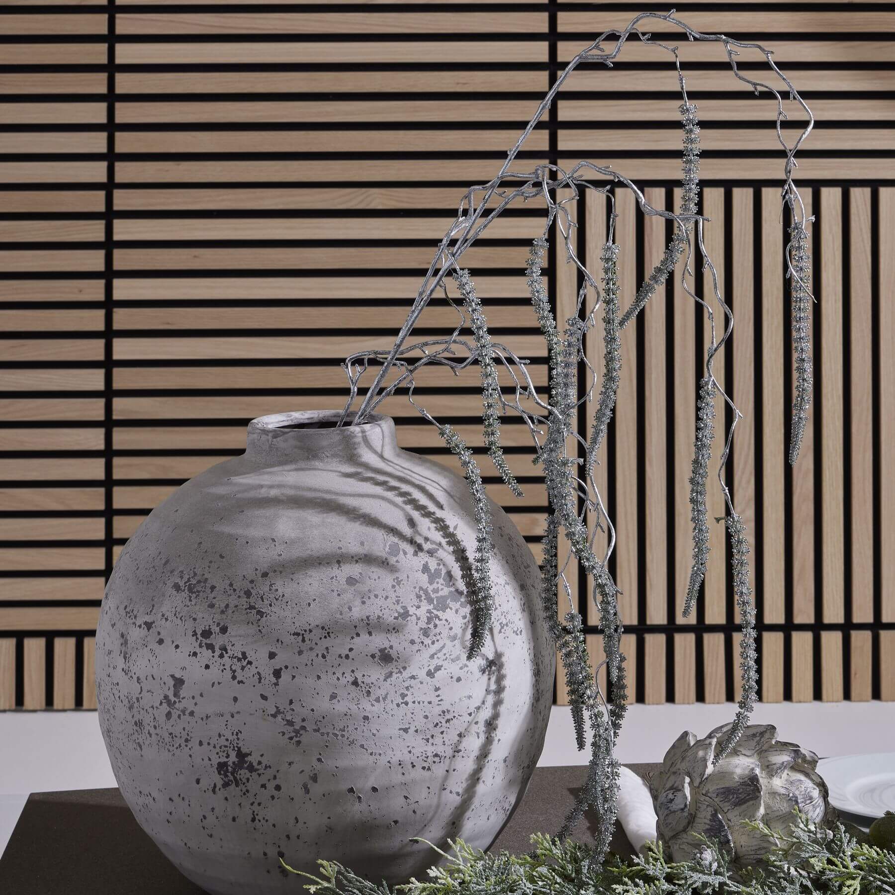 Silver amaranthus stem with metallic finish, cascading tendrils for holiday decor or year-round floral arrangements (124 chars) by Sostter at brixbailey.com