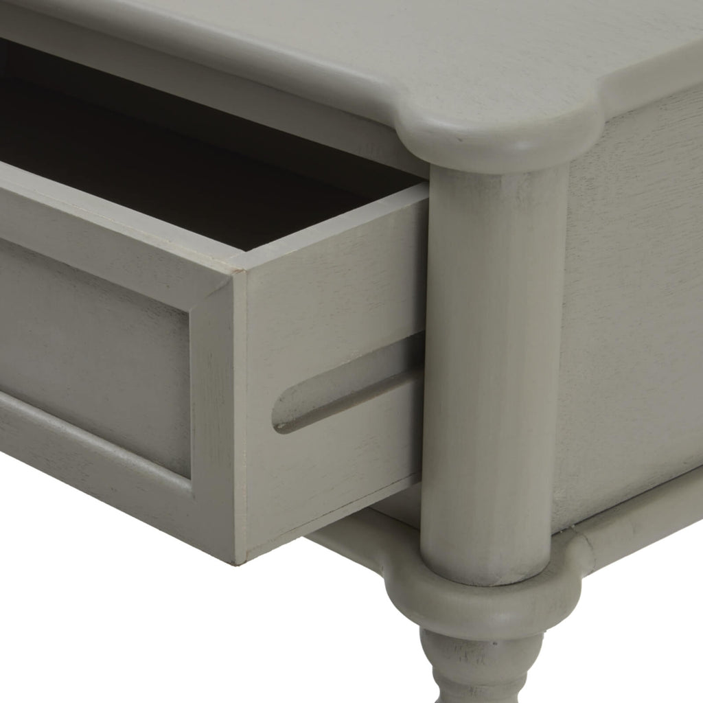 Camden two-drawer console in warm grey solid wood with minimalist design and smooth-gliding drawers by Sostter at brixbailey.com
