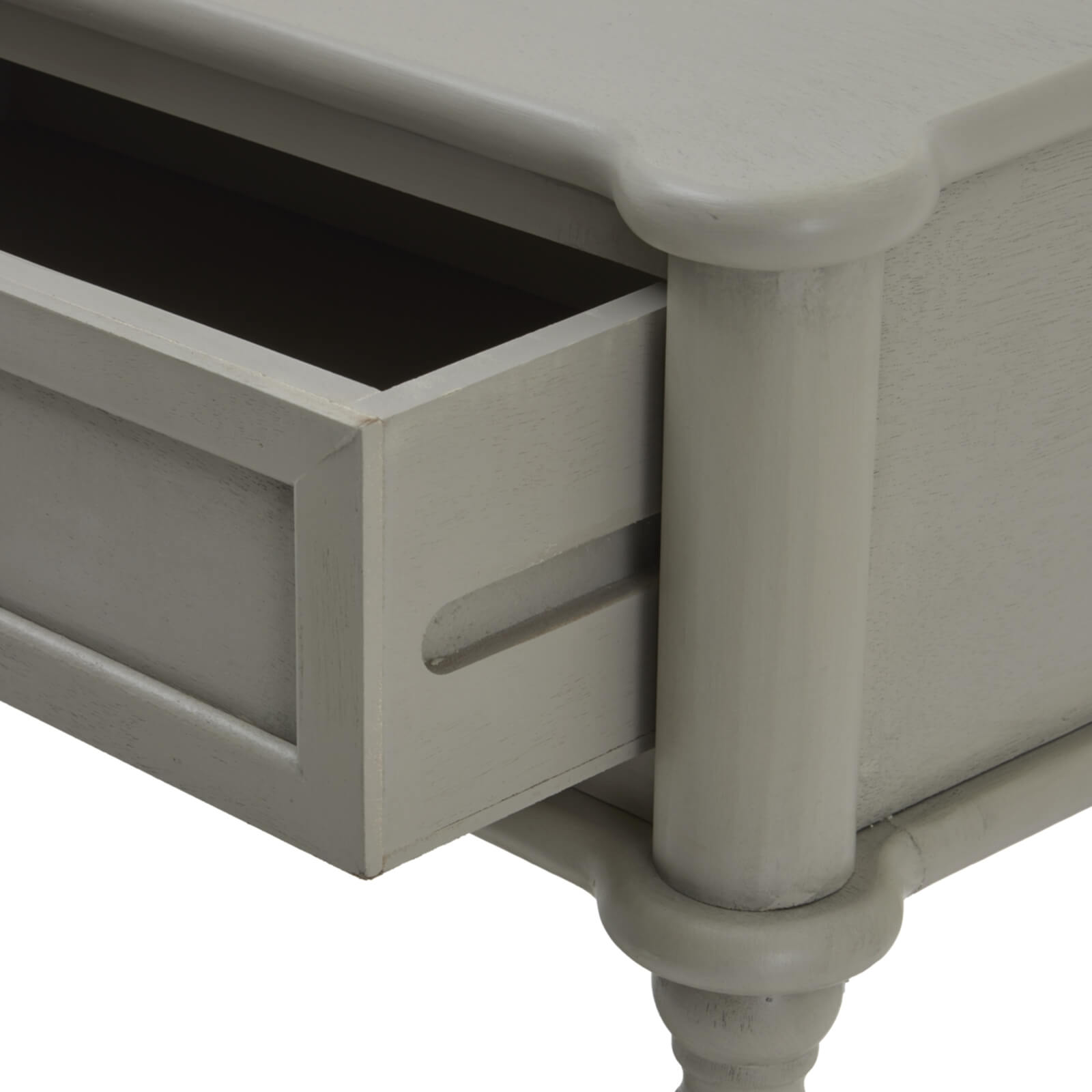 Camden two-drawer console in warm grey solid wood with minimalist design and smooth-gliding drawers by Sostter at brixbailey.com