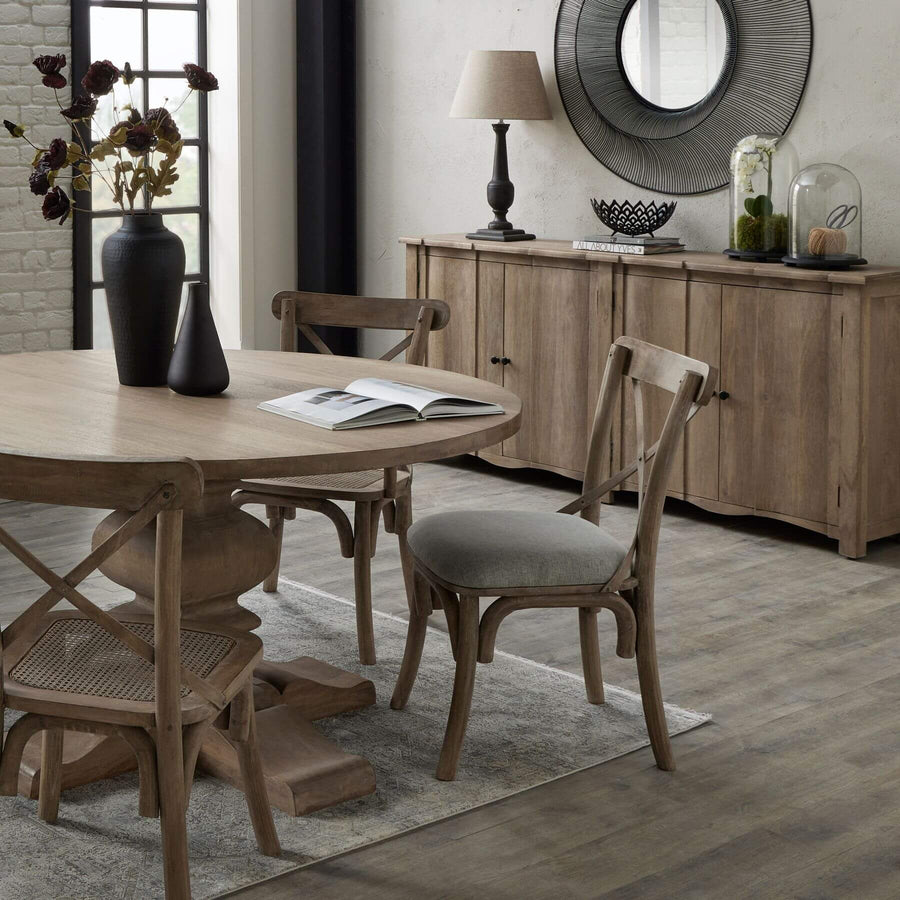 Copgrove 4-door hardwood sideboard with washed bleached finish and black iron handles, French-inspired storage furniture by Sostter at brixbailey.com