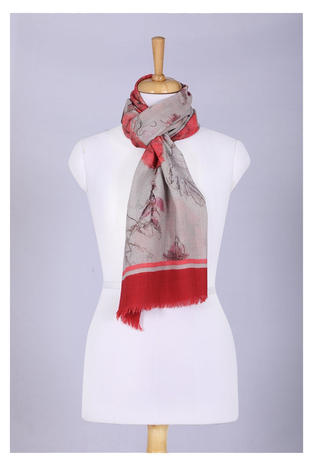 Floral Elegance Wool Scarf - Off-White Red