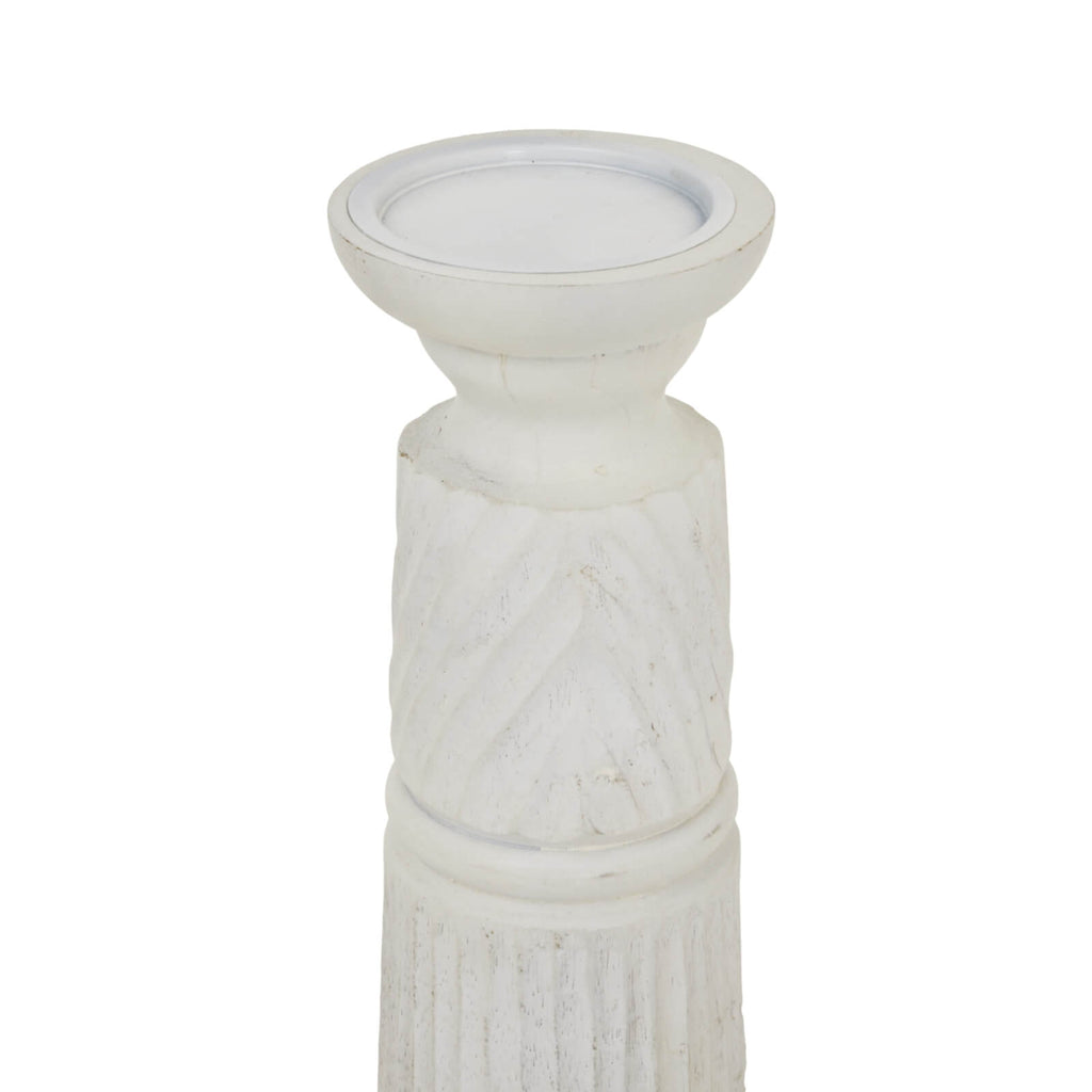 White carved wooden candle holder with geometric patterns, artisan-crafted for elegant home decor by RoomLondon at brixbailey.com