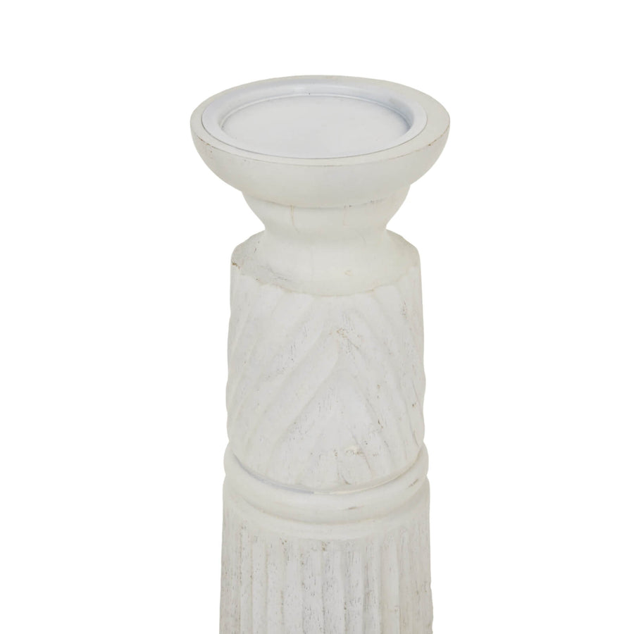 White carved wooden candle holder with geometric patterns, artisan-crafted for elegant home decor by Sostter at brixbailey.com