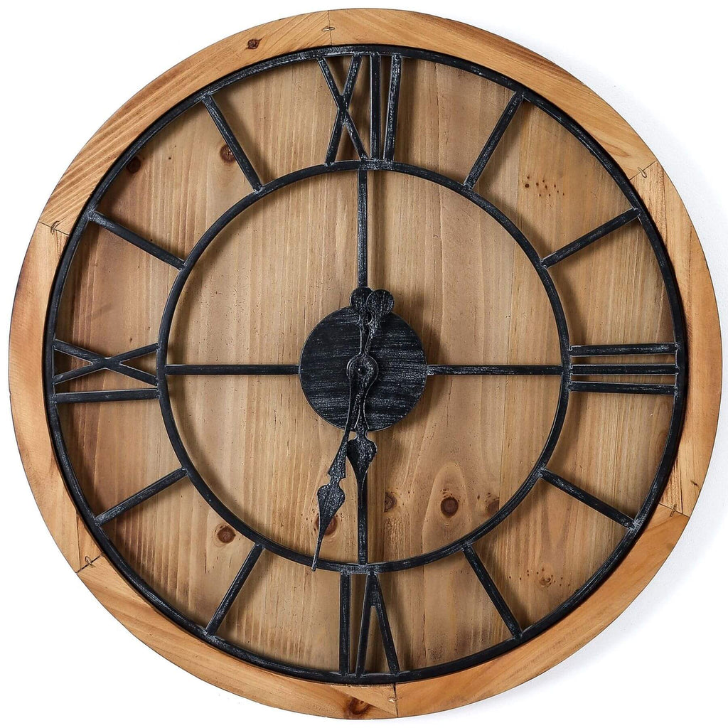Large wooden wall clock with grey roman numerals on warm brown wood, rustic-modern statement piece for home decor by Sostter at brixbailey.com