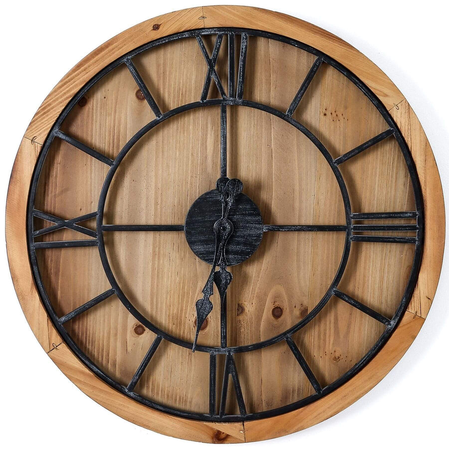 Large wooden wall clock with grey roman numerals on warm brown wood, rustic-modern statement piece for home decor by Sostter at brixbailey.com