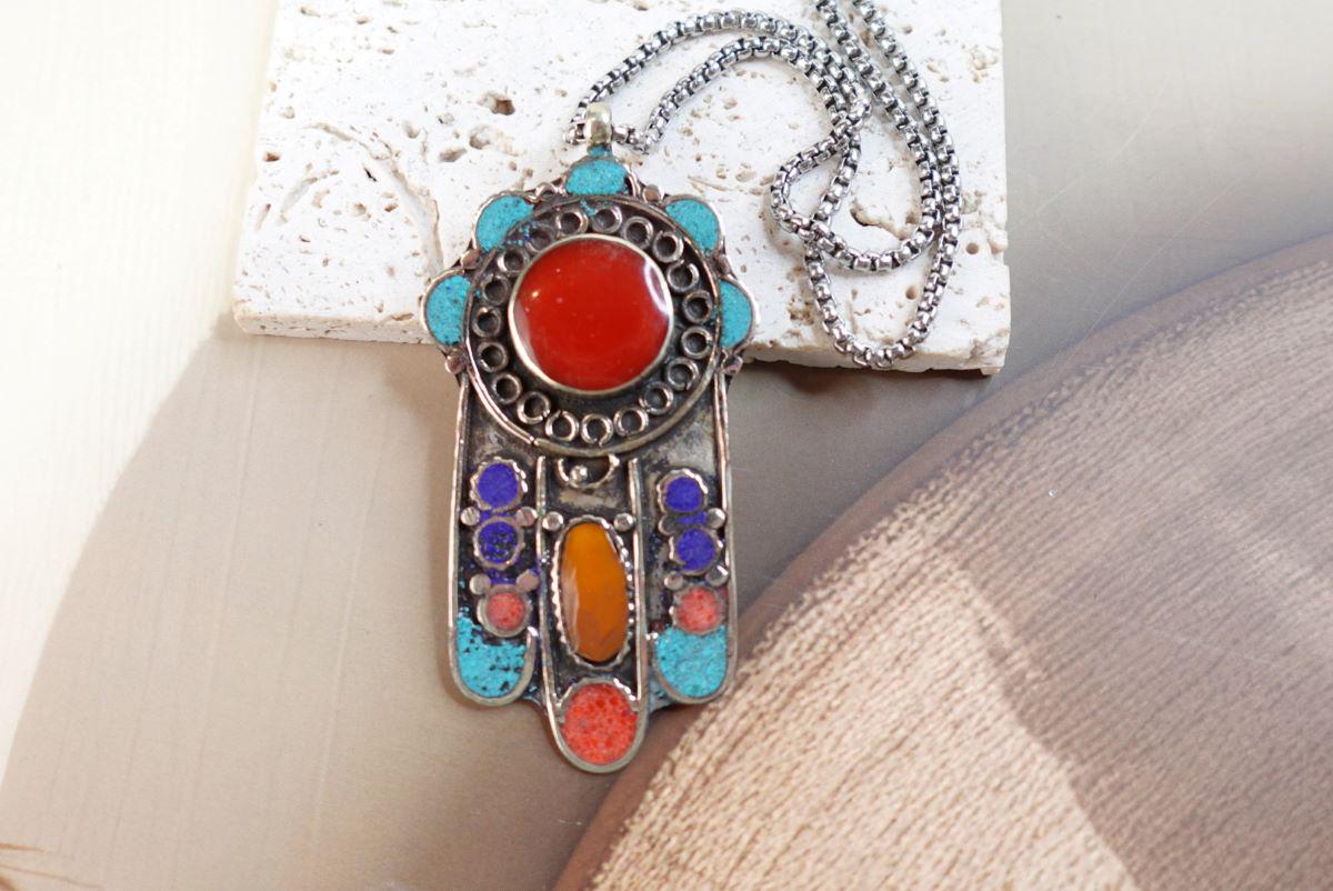 Large Hamsa Pendant, Tibetan Nepal, Amber, Lapis, Turquoise, Coral Stone Pendant, Fatima Hands hand of Fatima.