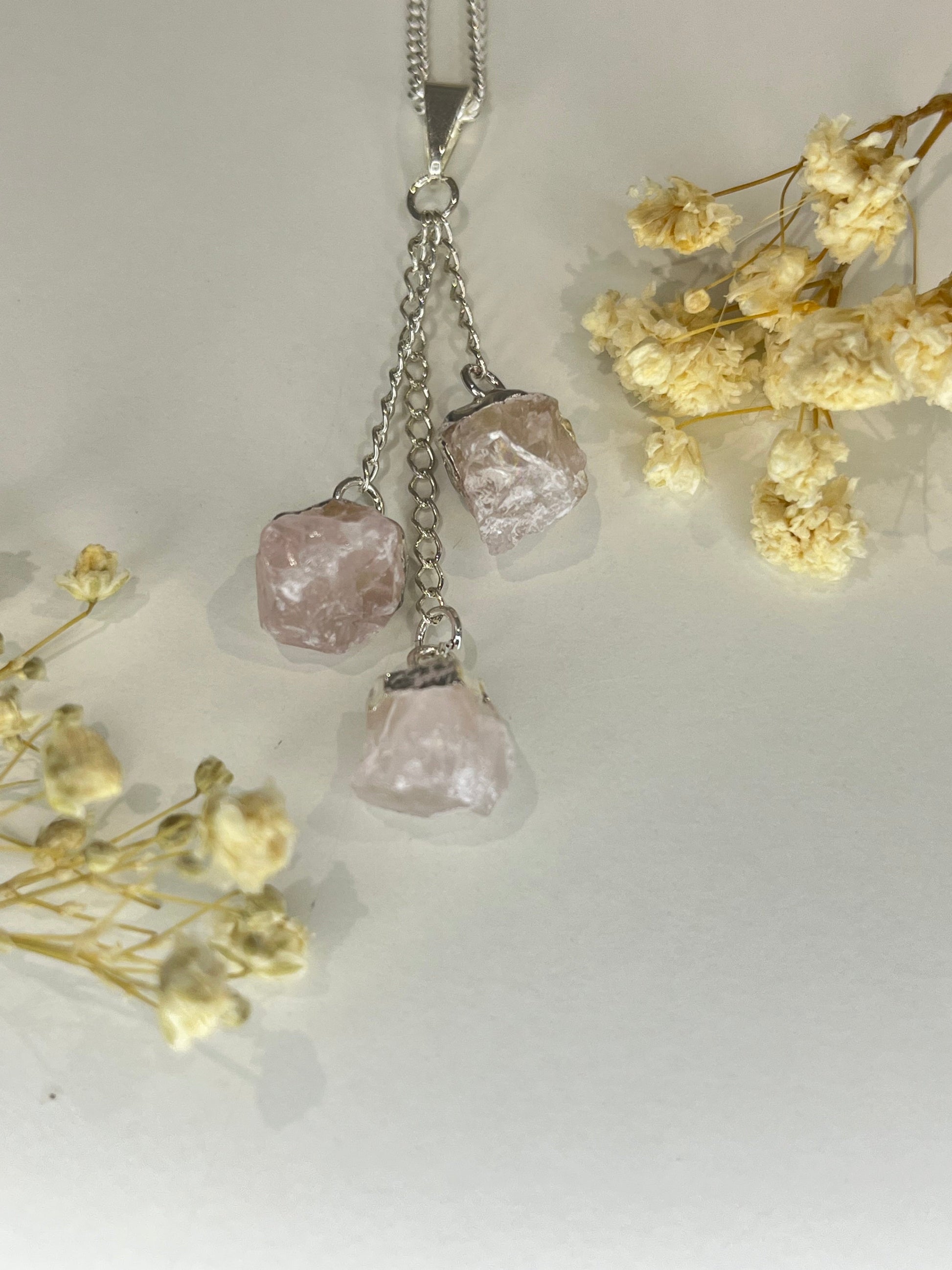Triple Rose Quartz Pendant Necklace with Silver Plated Chain