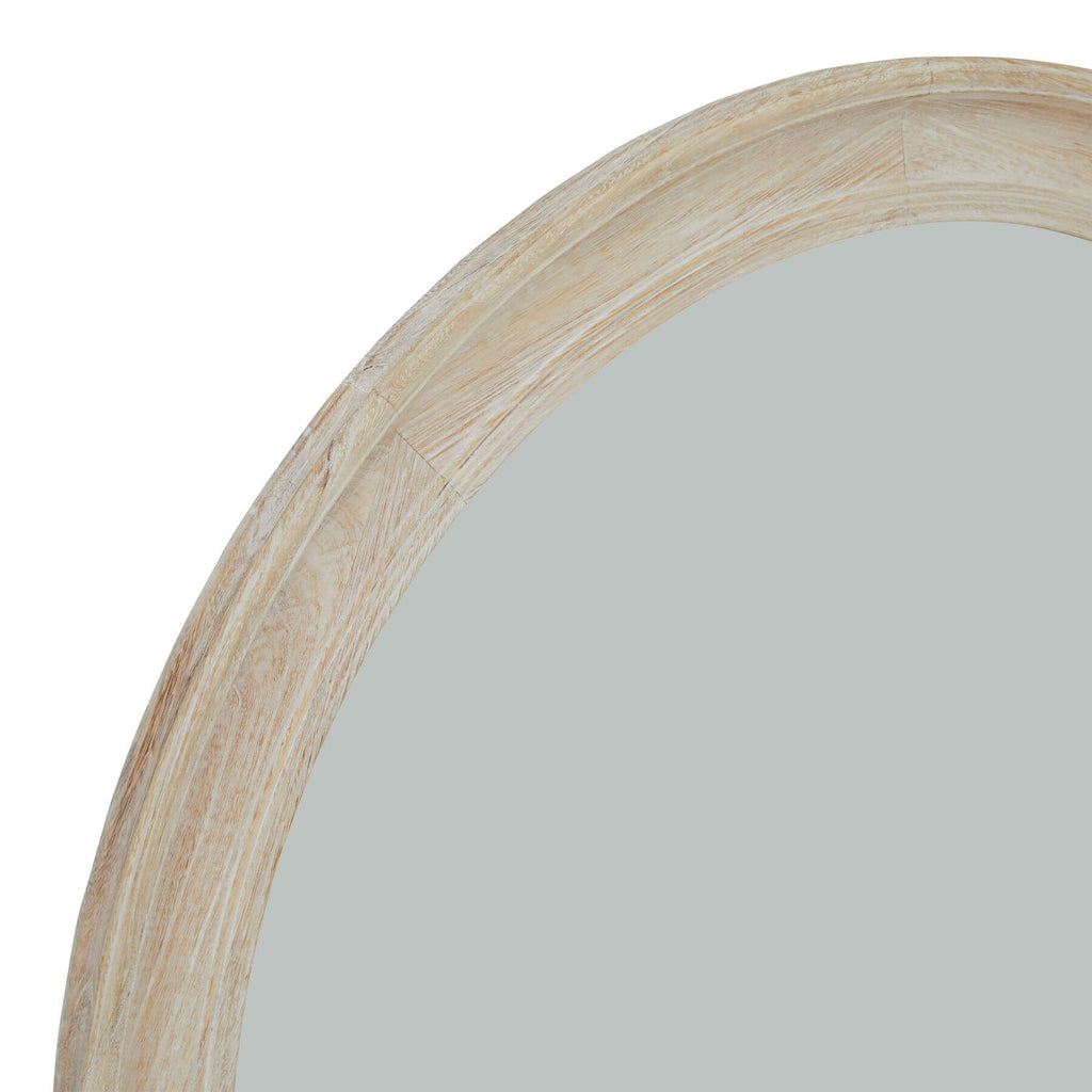 Handcrafted distressed wood mirror, 80cm round, warm antique white finish, enhances light and space in rustic decor. by Sostter at brixbailey.com