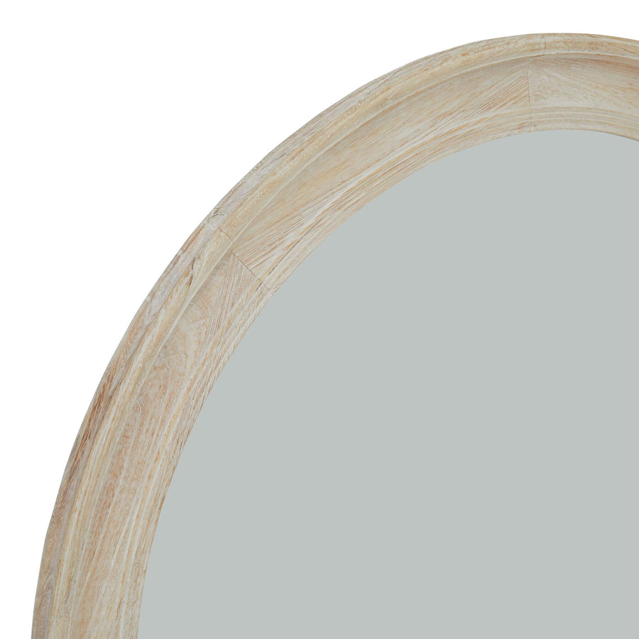 Handcrafted distressed wood mirror, 80cm round, warm antique white finish, enhances light and space in rustic decor. by Sostter at brixbailey.com