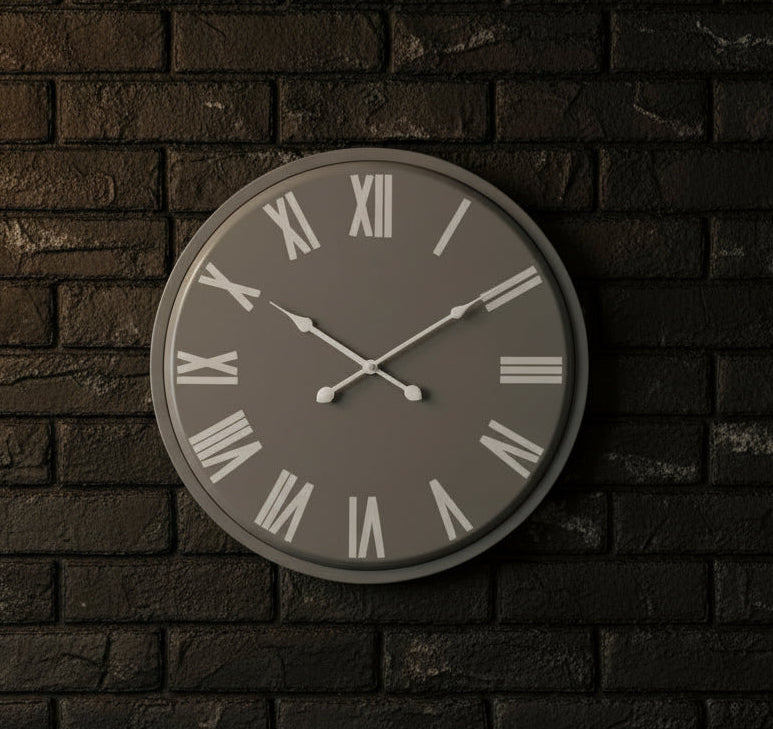 Large grey wall clock with white roman numerals, minimalist metal design, 49cm diameter, modern statement piece by sostter at brixbailey.com