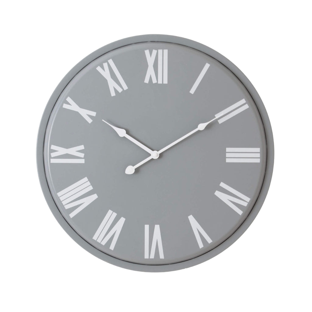 Large grey Rothay wall clock with white roman numerals, minimalist metal design, 49cm diameter, modern statement piece by Sostter at brixbailey.com