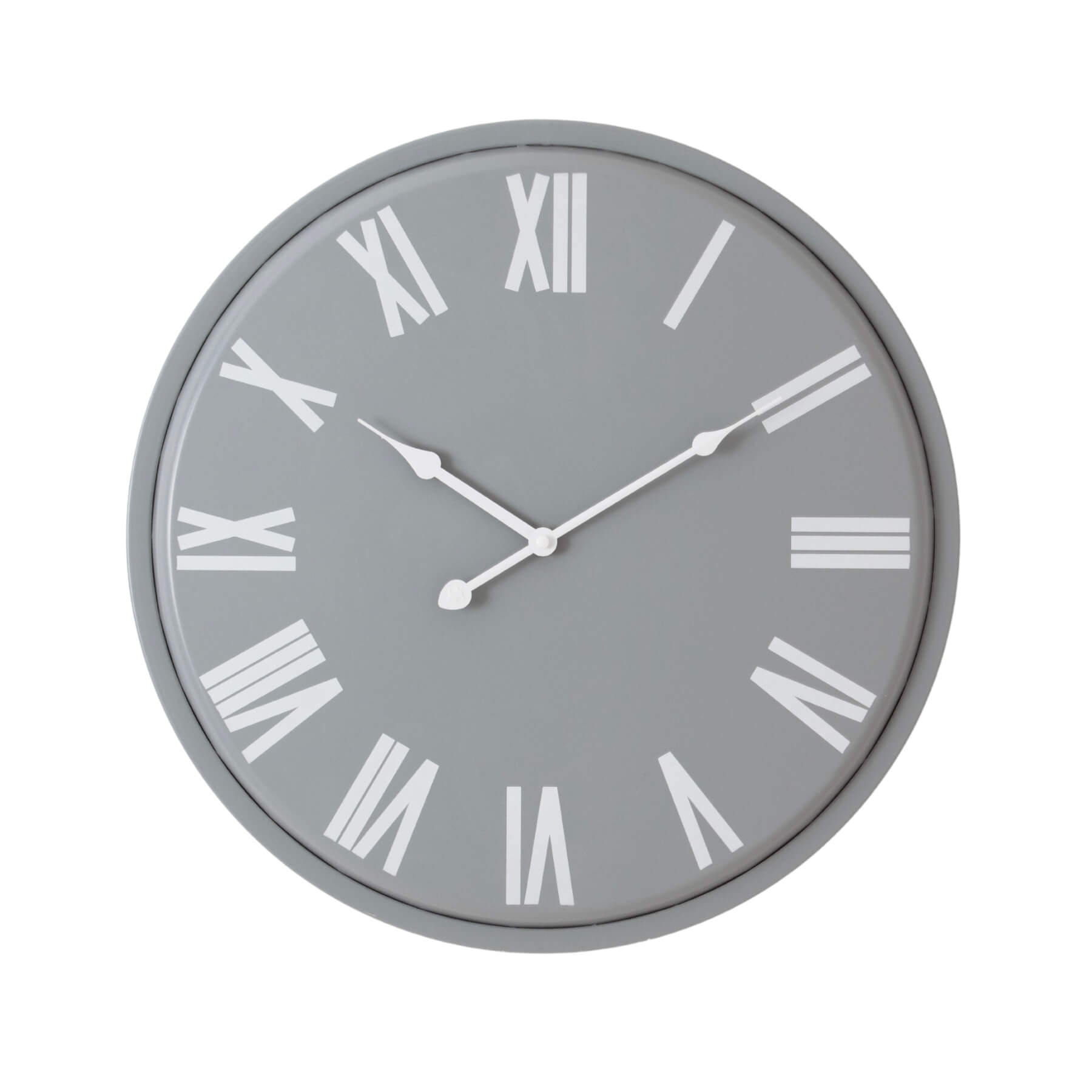 Large grey Rothay wall clock with white roman numerals, minimalist metal design, 49cm diameter, modern statement piece by Sostter at brixbailey.com