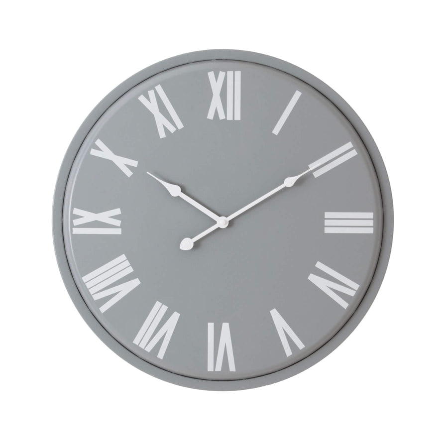 Large grey Rothay wall clock with white roman numerals, minimalist metal design, 49cm diameter, modern statement piece by Sostter at brixbailey.com