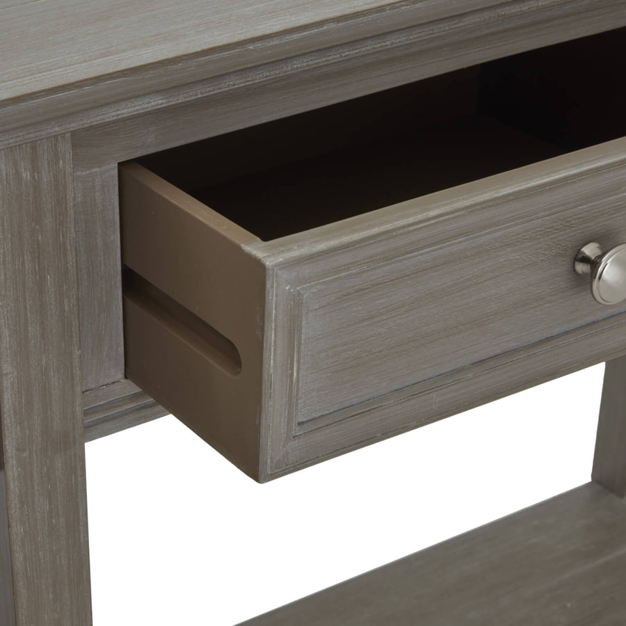 Distressed grey four-drawer console table with solid wood construction, transitional design for living room storage by Sostter at brixbailey.com