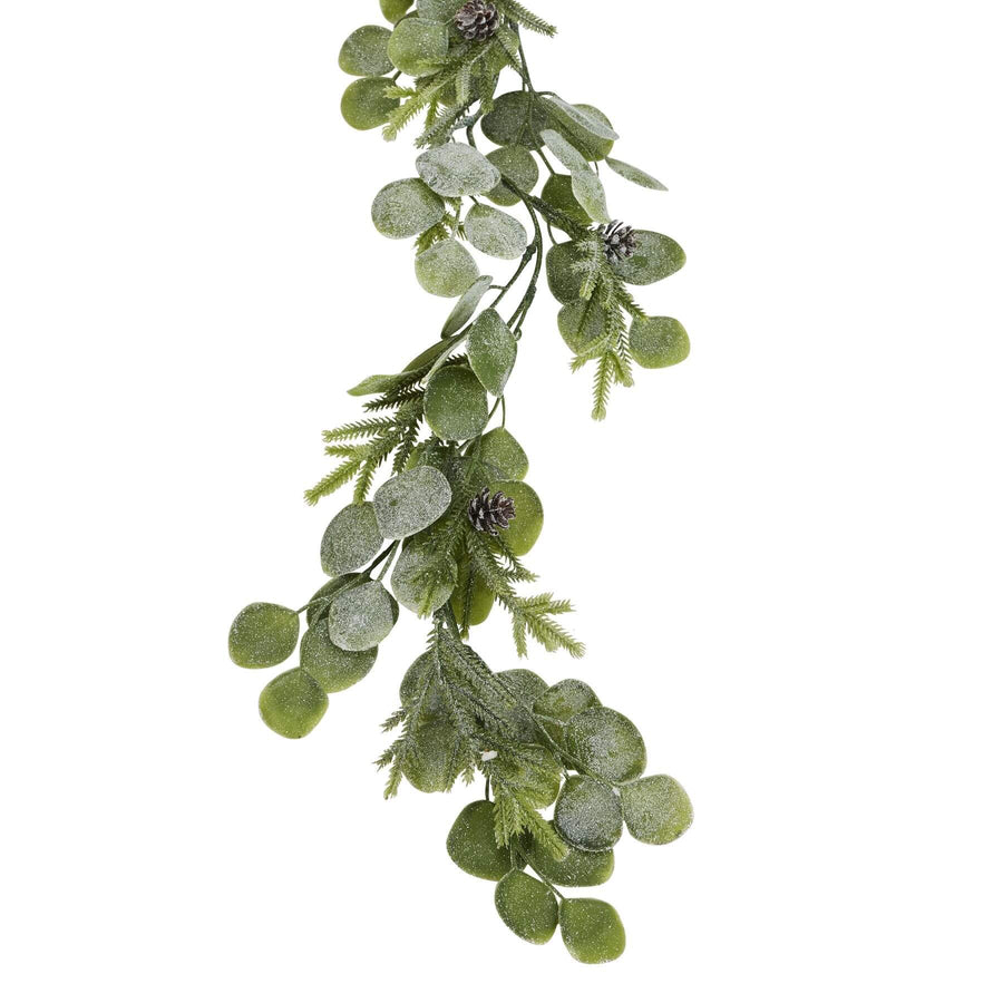 Frosted pine and eucalyptus winter garland, 180 cm long with silvery foliage and green accents for holiday decor. by Sostter at brixbailey.com