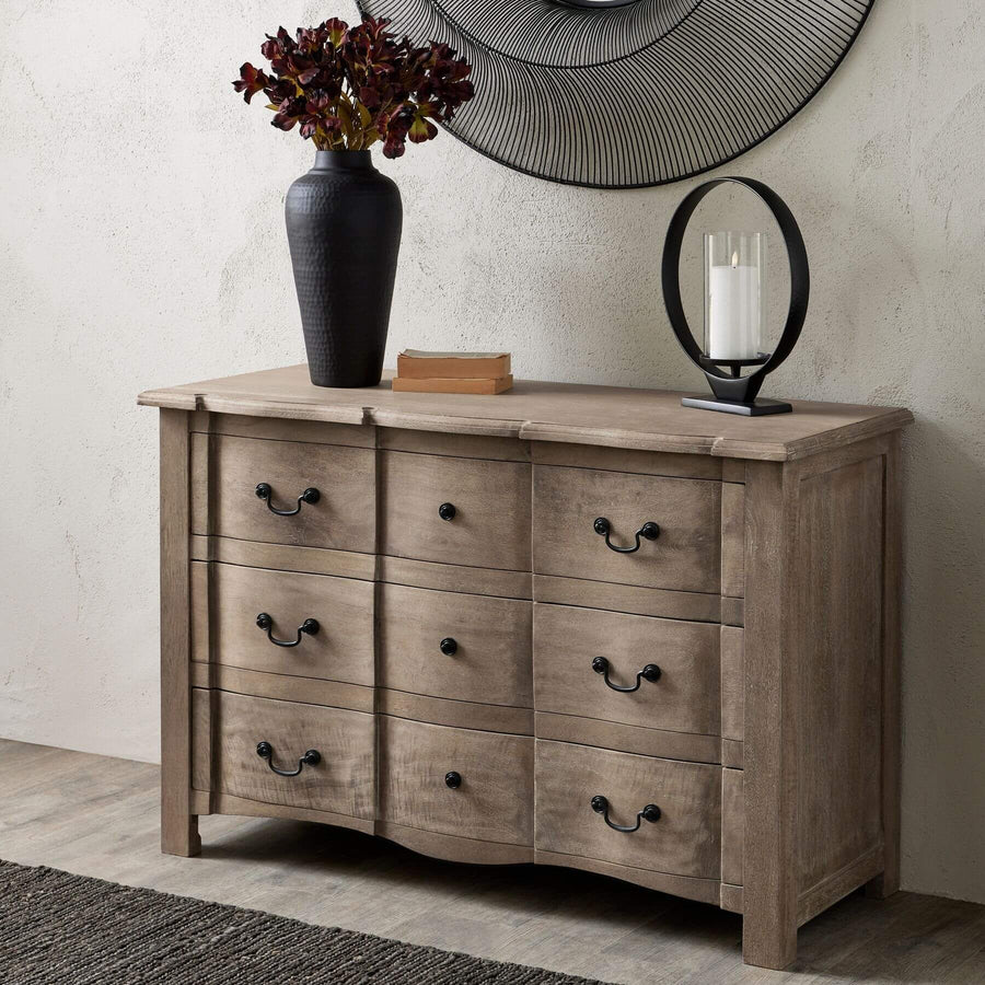 French provincial bleached wood chest with black iron handles, three drawers, and modern farmhouse style. by Sostter at brixbailey.com