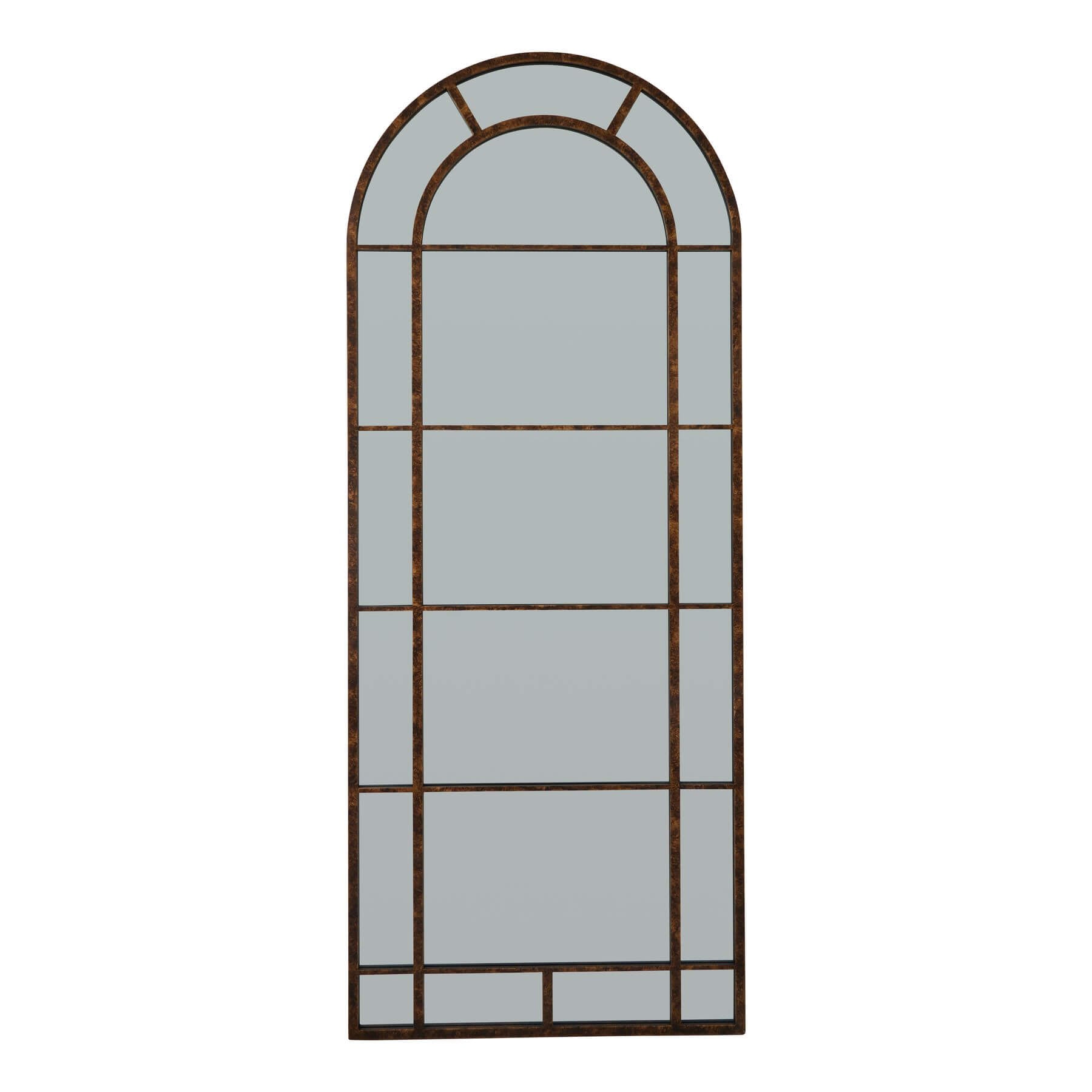 Large 200cm arched mirror with rustic brown rust-effect finish, solid wood frame, vintage home decor statement piece by Sostter at brixbailey.com