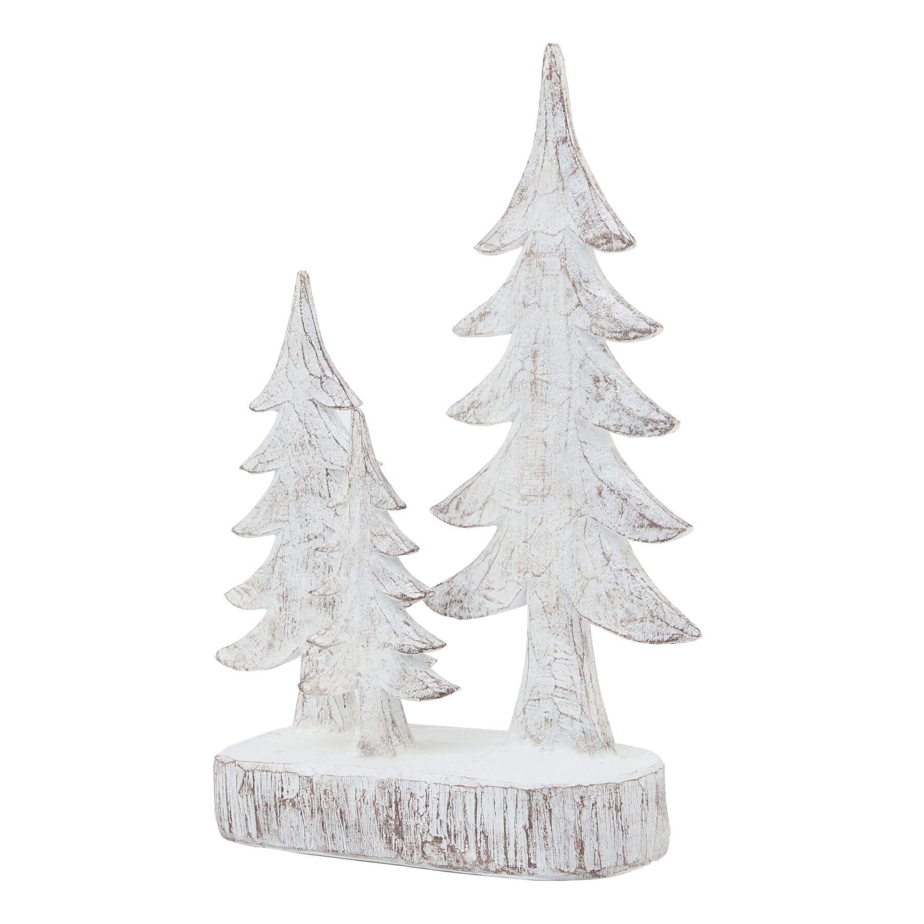 Handcrafted white resin winter pine tree sculpture with snow-dusted branches, set of three for holiday decor. by Sostter at brixbailey.com