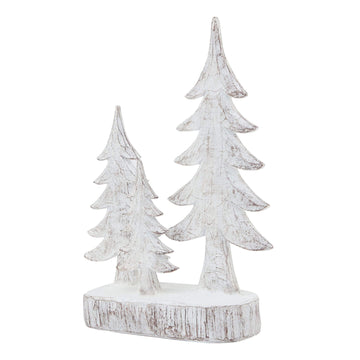 Handcrafted white resin winter pine tree sculpture with snow-dusted branches, set of three for holiday decor. by Sostter at brixbailey.com