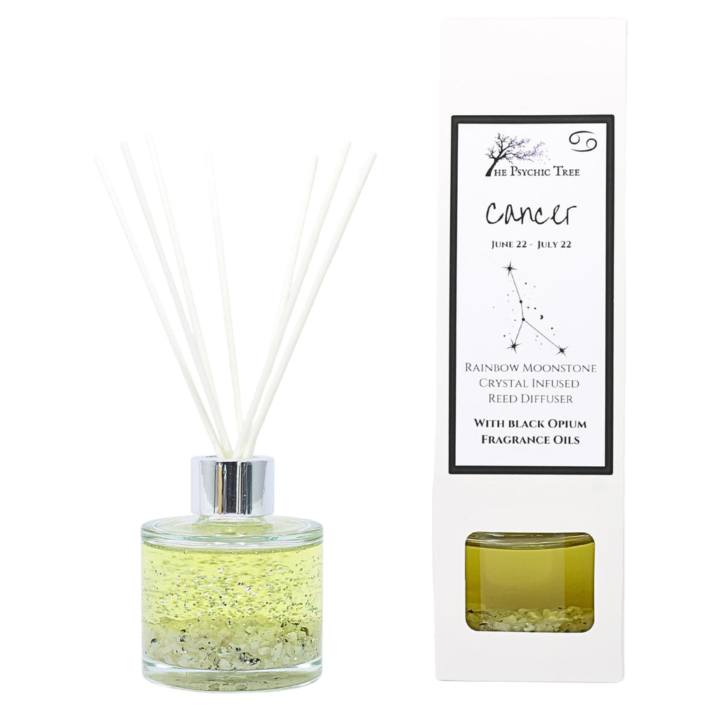 Cancer Zodiac Crystal Infused Reed Diffuser with Rainbow Moonstone
