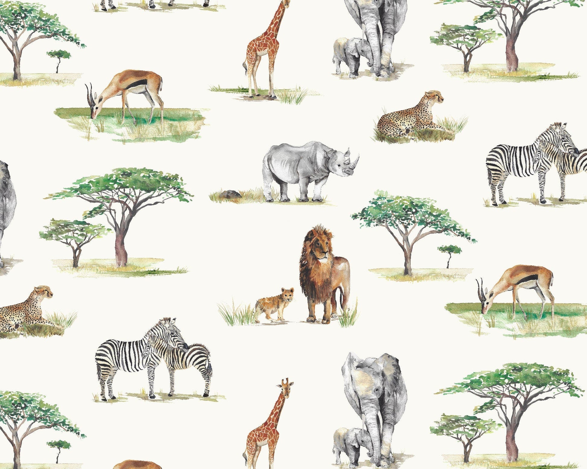 Safari Animals Hand-Designed Children's Wallpaper - Blue, Cream and Grey Colour Options