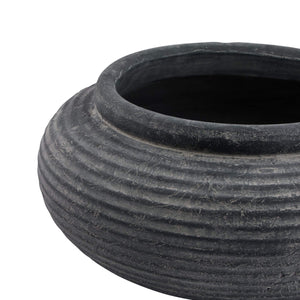 Amalfi Grey Round Ribbed Ceramic Planter with weathered charcoal finish, 41cm wide, for indoor or outdoor plants by Sostter at brixbailey.com