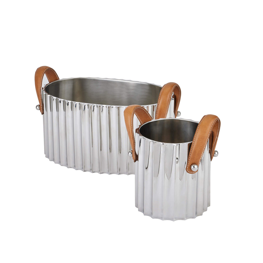 Silver fluted champagne cooler with leather handles, stainless steel, elegant ridges for light reflections. by Sostter at brixbailey.com