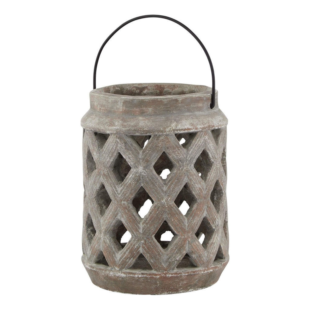 Handcrafted ceramic lattice lantern in Siena brown, casting intricate shadow patterns, 23cm tall. by Sostter at brixbailey.com