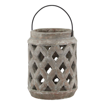 Handcrafted ceramic lattice lantern in Siena brown, casting intricate shadow patterns, 23cm tall. by Sostter at brixbailey.com