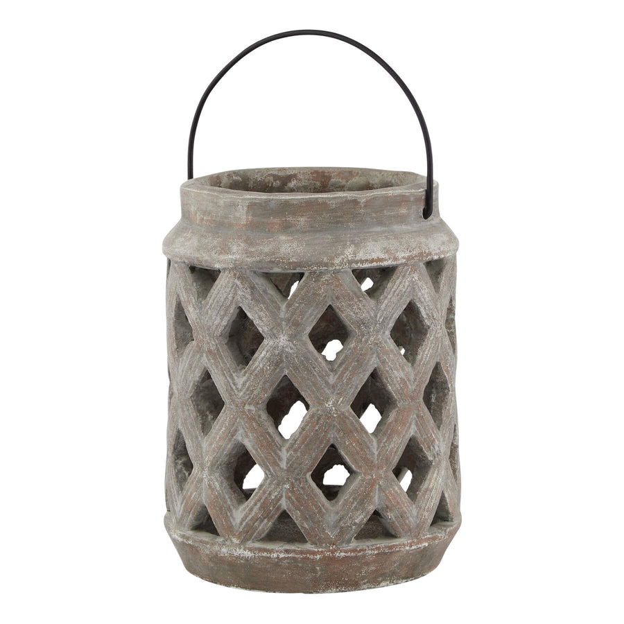 Handcrafted ceramic lattice lantern in Siena brown, casting intricate shadow patterns, 23cm tall. by Sostter at brixbailey.com